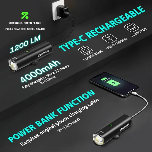 Miniatura 5 de BUCKLOS Luces de bicicleta súper brillantes para montar en la noche, 1500, 1200, 800, 600, 400 lúmenes, para conducción nocturna, faros delanteros