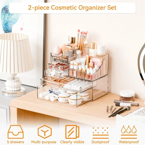 Miniatura 4 de Yieach Paquete de 2 organizadores de maquillaje transparentes para tocador, tocador y baño, organizadores de acrílico apilables con 5 cajones