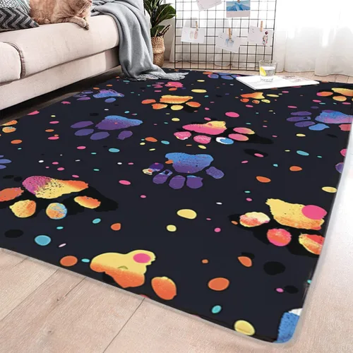 Alfombra con estampado de patas de mascotas, decoración del hogar, bonita alfombra negra colorida para interiores, colorida alfombra para niños,