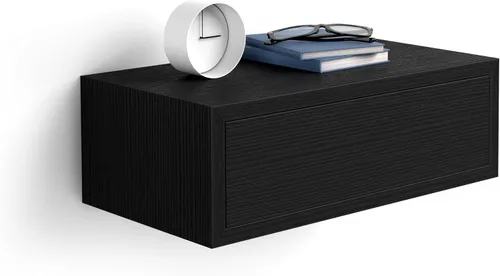 Mobili Fiver, Mesita de Noche Flotante Riccardo, Madera de Fresno Negra, Fabricado en Italia