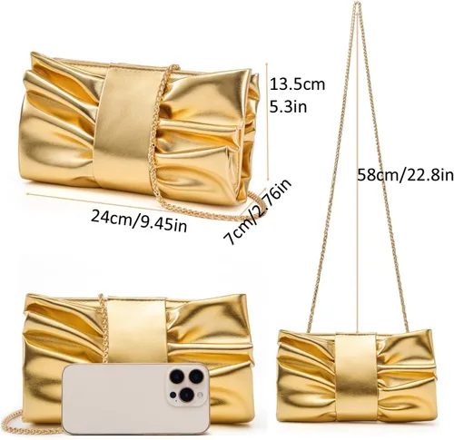 Miniatura 4 de Elegante bolso de mano con lazo para mujer, suave y plisado, bolsa de noche de poliuretano con cadena desmontable para fiesta de graduación, boda