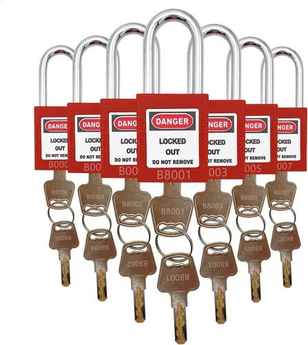 Miniatura 2 de SAFBY Loto - 7 candados de bloqueo diferentes con llave con 10 etiquetas de bloqueo, candados seguros para estaciones y dispositivos con 7 números
