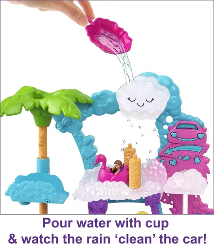 Miniatura 6 de Conjunto de juego Polly Pocket, Pollyville Flamingo Fun Car Wash con 2 muñecas micro, coche de juguete, juego de agua y accesorios que cambian