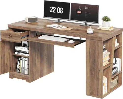Miniatura 11 de HSH Escritorio para computadora de oficina de 55 pulgadas con cajones, escritorio ejecutivo gris rústico con estantes de almacenamiento y gabinete