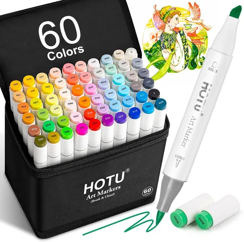 HOTU - Marcadores de alcohol con punta de pincel, juego de 60 colores con puntas dobles, marcadores de arte para ilustraciones de colorear para