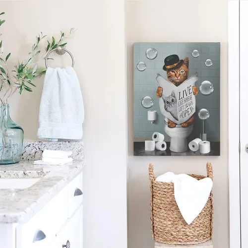 Miniatura 2 de Kateflower Lienzo decorativo para baño, arte de pared, lindo gato sentado en el inodoro, leyendo periódicos, imágenes de animales de granja, pintura