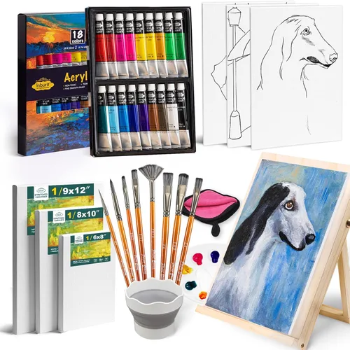 Miniatura 9 de Inburit Juego de Pintura de Arte con Caja de Caballete de Madera, 24 Colores de Pinturas Acrílicas, 8 Pinceles, 6 Paneles de Lienzo Kit de 54