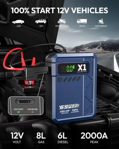 Miniatura 2 de YESPER Arrancador con Compresor de Aire 2000A 150PSI Arrancador de Batería Portátil (8L Gas/6L Diésel), Cargador de Batería de 12V Paquete