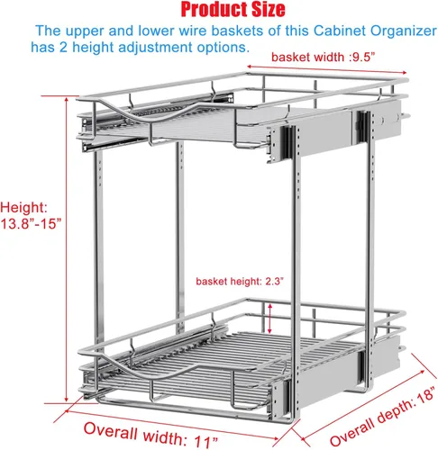 Miniatura 2 de DINDON Organizador de gabinete extraíble de 2 niveles (11 pulgadas de ancho x 18 pulgadas de profundidad), estante deslizante de metal resistente