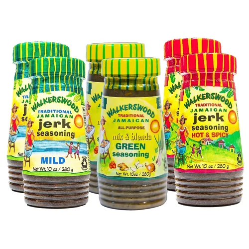 2 condimentos Walkerswood Mix and Blenda Green, 10 onzas + 2 condimentos de Jerk Jamaicano, caliente, 10 onzas + 2 condimentos Jamaicanos Jerk,