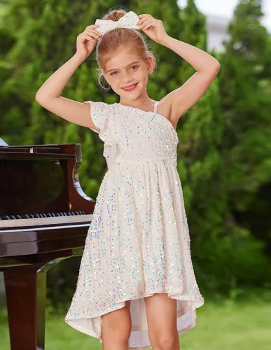 Miniatura 2 de GRACE KARIN Vestido de lentejuelas de un hombro para niñas, vestido de fiesta alto y bajo para 5-14 años