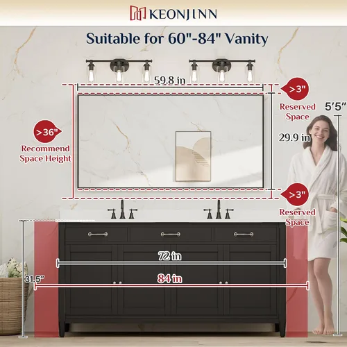 Miniatura 2 de Keonjinn - Espejo de baño negro de 60 x 30 pulgadas, espejos de pared rectangulares grandes y mates para lavabo de baño, espejo de granja con marco