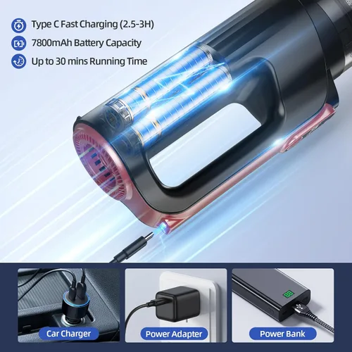 Miniatura 8 de MONOZEL Aspiradora de mano, 18000 Pa 2 en 1, aspiradora inalámbrica para automóvil y plumero de aire, motor de 130 W con batería de 7800 mAh, luz