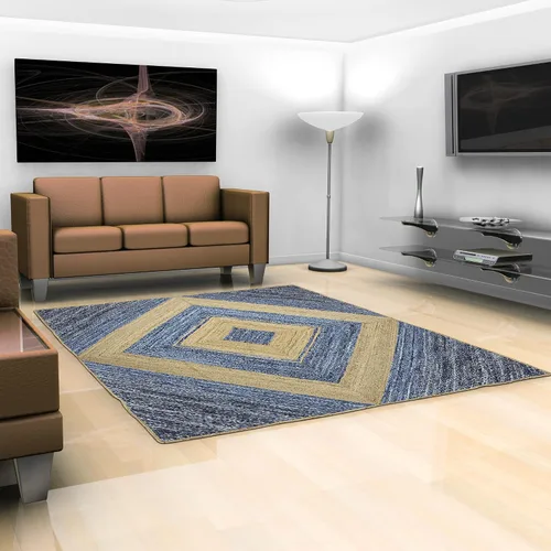 Miniatura 2 de Collection - Alfombra rectangular de 2 x 3 pies, alfombra trenzada azul de algodón y yute, alfombra geométrica kilim para interiores y exteriores