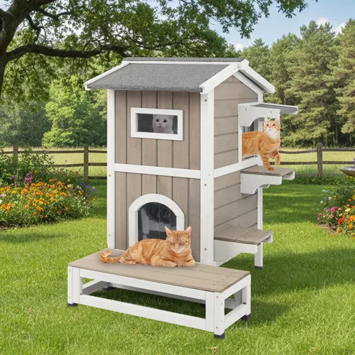 Miniatura 9 de Casa para gatos al aire libre resistente a la intemperie, casa de madera para gatos de dos pisos con techo que se puede abrir, 4 puertas, balcón