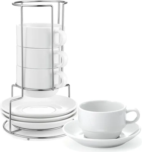 Miniatura 7 de Tazas de café de 4 onzas con platillos y soporte de metal, cucharas, tazas de café apilables de porcelana, tazas Demitasse, perfectas para expreso