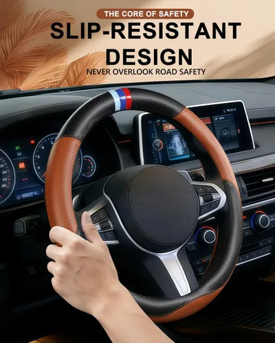 Miniatura 2 de Funda para volante de cuero para BMW, fundas universales para volante de automóvil para coche, SUV, camión con forro antideslizante de 14.5-15 Marrón