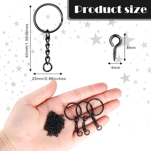 Miniatura 2 de Hotop Kit de 360 llaveros a granel, incluye 90 llaveros con cadena y conectores de anillos abiertos, 180 ganchos pequeños para manualidades, Negro