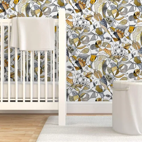 Miniatura 6 de Muestra de papel tapiz extraíble - Línea Gris Amarillo Grande Negro Blanco Hojas Círculos Puntos Papel pintado personalizado pre-pegado por