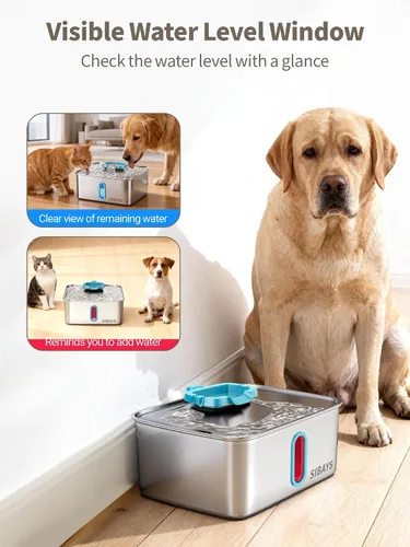 Miniatura 6 de SIBAYS Fuente de agua grande para perros de 4 galones/15 L, fuente de agua para mascotas de acero inoxidable con ventana de nivel de agua y luz LED