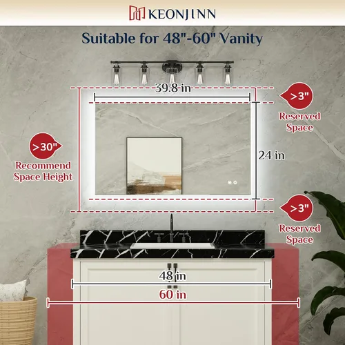 Miniatura 2 de Keonjinn - Espejo LED para el baño de 24 x 40 pulgadas con retroiluminación, espejo de tocador antiempañante con vidrio templado HD CRI90+