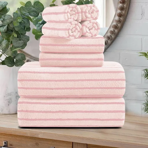 Miniatura 28 de Juego de 8 toallas de baño grandes a rayas estilo cabana color verde militar - Sábana de baño extragrande - 2 toallas de baño, 2 toallas de mano, 4