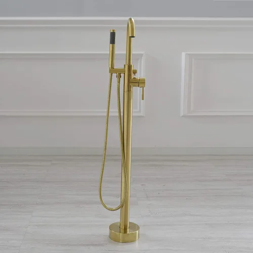 Miniatura 9 de WOODBRIDGE Grifo de llenado de bañera independiente contemporáneo de una sola manija con ducha de mano en acabado dorado cepillado, F0007BGRD