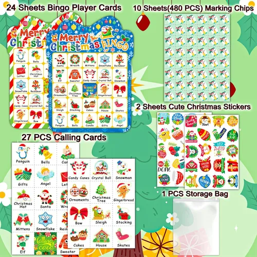 Miniatura 2 de YTSQLER Juego de bingo de Navidad para niños de 24 jugadores, tarjetas de bingo de Navidad, juegos de fiesta de vacaciones para familia, escuela
