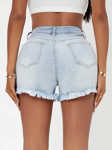 Miniatura 2 de Verdusa Pantalones cortos de mezclilla con cuentas de perlas de diamantes de imitación para mujer