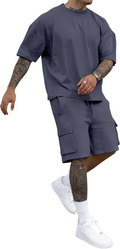 Conjunto deportivo de 2 piezas para hombre, de manga corta, casual, tipo cargo, para verano, con bolsillo