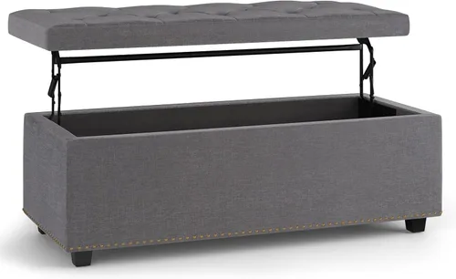 Miniatura 16 de Otomano rectangular de almacenamiento Simpli Home Hamilton, Madera, Gris pizarra Pizarra gris