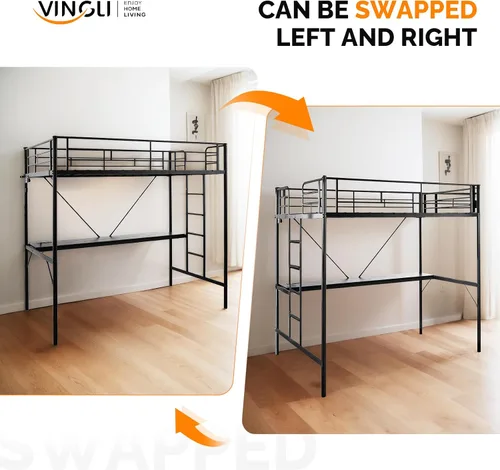 Miniatura 9 de VINGLI - Estructura de cama alta de metal de tamaño individual para niños, adolescentes y adultos con escritorio debajo, 2 estaciones de carga