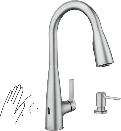 Moen Haelyn Grifo de Cocina Sin Contacto de Una Sola Manija con Rociador Desplegable de Acero Inoxidable Resistente a Manchas con Dispensador de