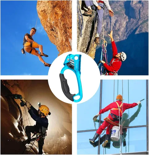 Miniatura 7 de Ascensor de mano CE, equipo de engranaje de rapel de 308.6 lbs con mango de goma ergonómico para arbolista de árboles de escalada en roca, Izquierda