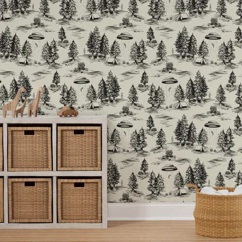 Miniatura 7 de Spoonflower Papel Tapiz Despegar y Pegar Muestra - OVNI Grande Negro Toile De Jouy Abducción Alienígena Espacio Acampada Papel Tapiz Removible