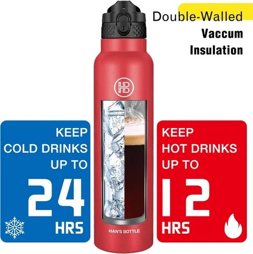Miniatura 6 de Han's Bottle Botella deportiva de agua de 32 oz, tapa con popote, a prueba de fugas, de acero inoxidable con aislamiento al vacío, de doble pared
