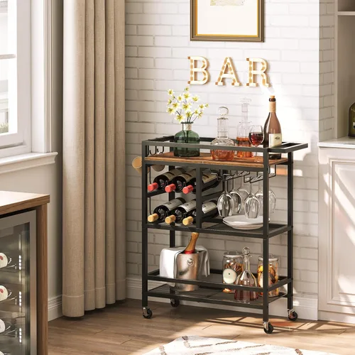 Miniatura 2 de MAHANCRIS Carrito de bar para el hogar, carrito de servicio de 3 niveles con ruedas y asa, carrito de bebidas con estante para vino y soportes