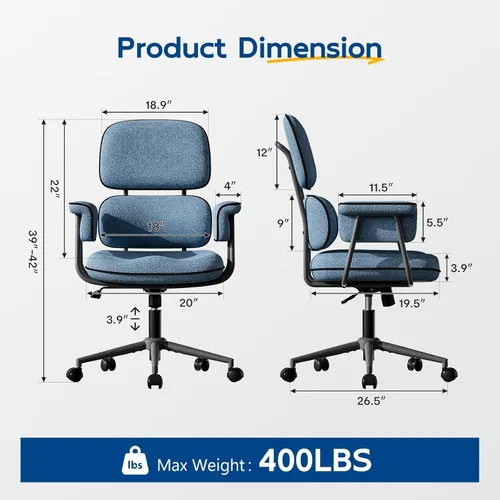Miniatura 2 de HomeZeer Silla de oficina azul con cojín de espuma viscoelástica, silla de oficina de tela con ruedas y brazos, silla de escritorio moderna