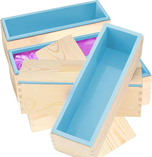 Miniatura 14 de ZOENHOU 2 moldes de jabón morado de 42 onzas con 2 tapas, kit de moldes de silicona rectangulares flexibles con caja de madera, juego