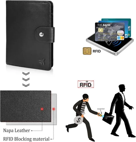 Miniatura 6 de Polare - Cartera de pasaporte de viaje plegable de cuero de grano completo para hombre, delgada con bloqueo RFID, Negro -, Slim
