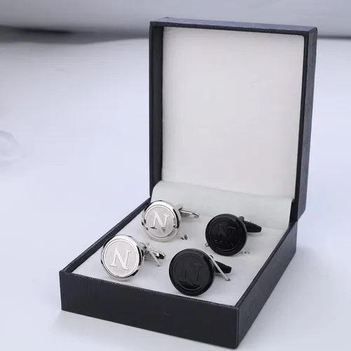 Miniatura 5 de ORAZIO Gemelos para hombre, con iniciales grabadas, color plateado, negro, juego de esmoquin de acero inoxidable, enlaces, letra del alfabeto A-Z