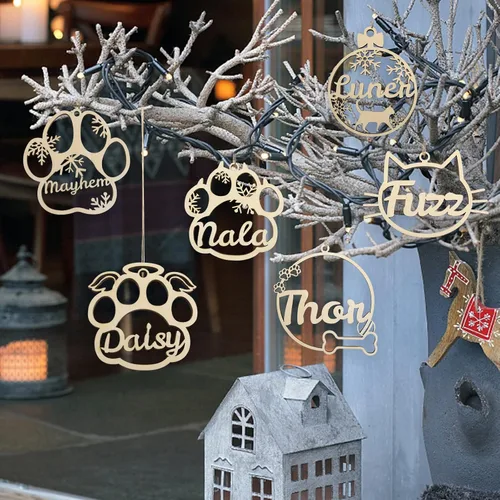 Miniatura 7 de Adorno personalizado de pata de perro y gato, adorno personalizado con nombre de mascota, adornos de madera personalizados para árbol de Navidad