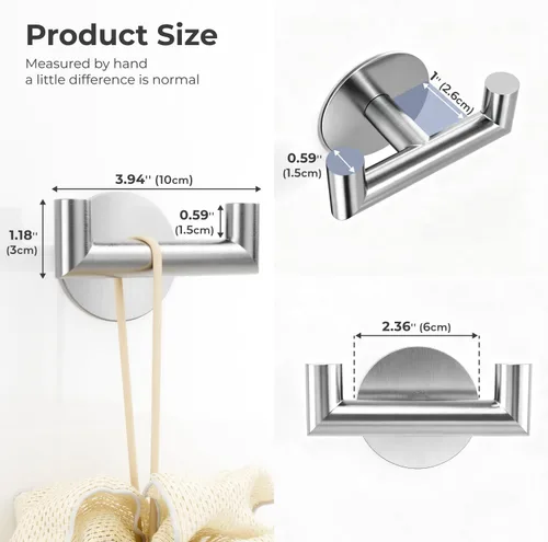 Miniatura 3 de GWAAZXGZ Paquete de 2 ganchos de baño de níquel cepillado para toallas, ganchos dobles autoadhesivos para pared, sin taladrar, acero inoxidable 304