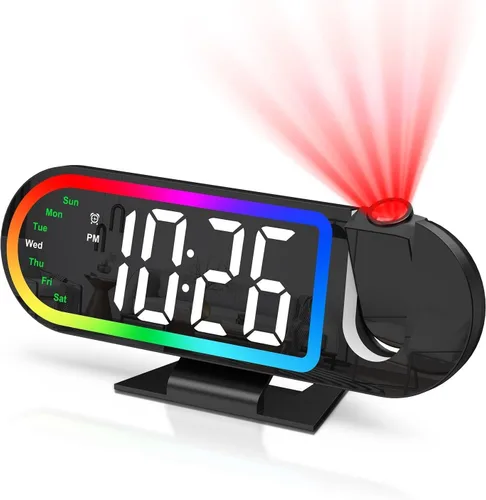 AMIR Reloj despertador de proyección para techo de dormitorio, pantalla grande de 8.5 pulgadas, brillo de 4 niveles, alimentado por USB, modo de