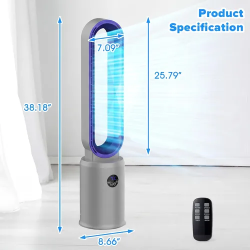 Miniatura 8 de Ventilador de torre sin aspas con control remoto, ventilador de refrigeración de circulación de aire para uso en interiores, 24 ajustes
