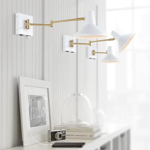 Miniatura 5 de JONATHAN Y JYL1302A - Lámpara moderna de brazo oscilante de 16 pulgadas color blanco/latón dorado con puerto USB, lámpara de noche LED de mediados