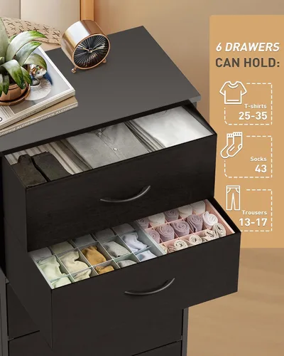 Miniatura 5 de Mifuro Cómoda alta para dormitorio con 6 cajones, torre organizadora de almacenamiento vertical, cómoda con cubos de tela, marco de acero, parte