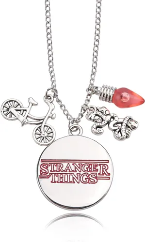 Abitoncc Collar Stranger Charm de acero inoxidable Eddie alfabeto bombilla Once Bike Demogorgon notas al revés Guitarra Pick Munson Collares
