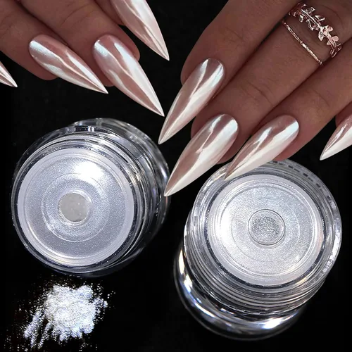 2 piezas de polvo de uñas cromado perla blanca súper brillante efecto espejo metálico, polvo cromado de unicornio de luna blanca para uñas, polvos