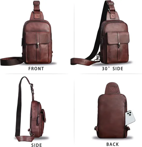 Miniatura 4 de IVTG Bolso bandolera de cuero genuino para hombres y mujeres vintage de piel de vaca real mochila bandolera bolsa de pecho, Café, Mochilas Sling
